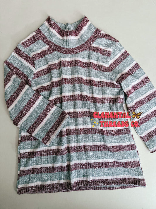 6Y Cranberry & Grays striped Lomg Sleeve Mock-neck Top